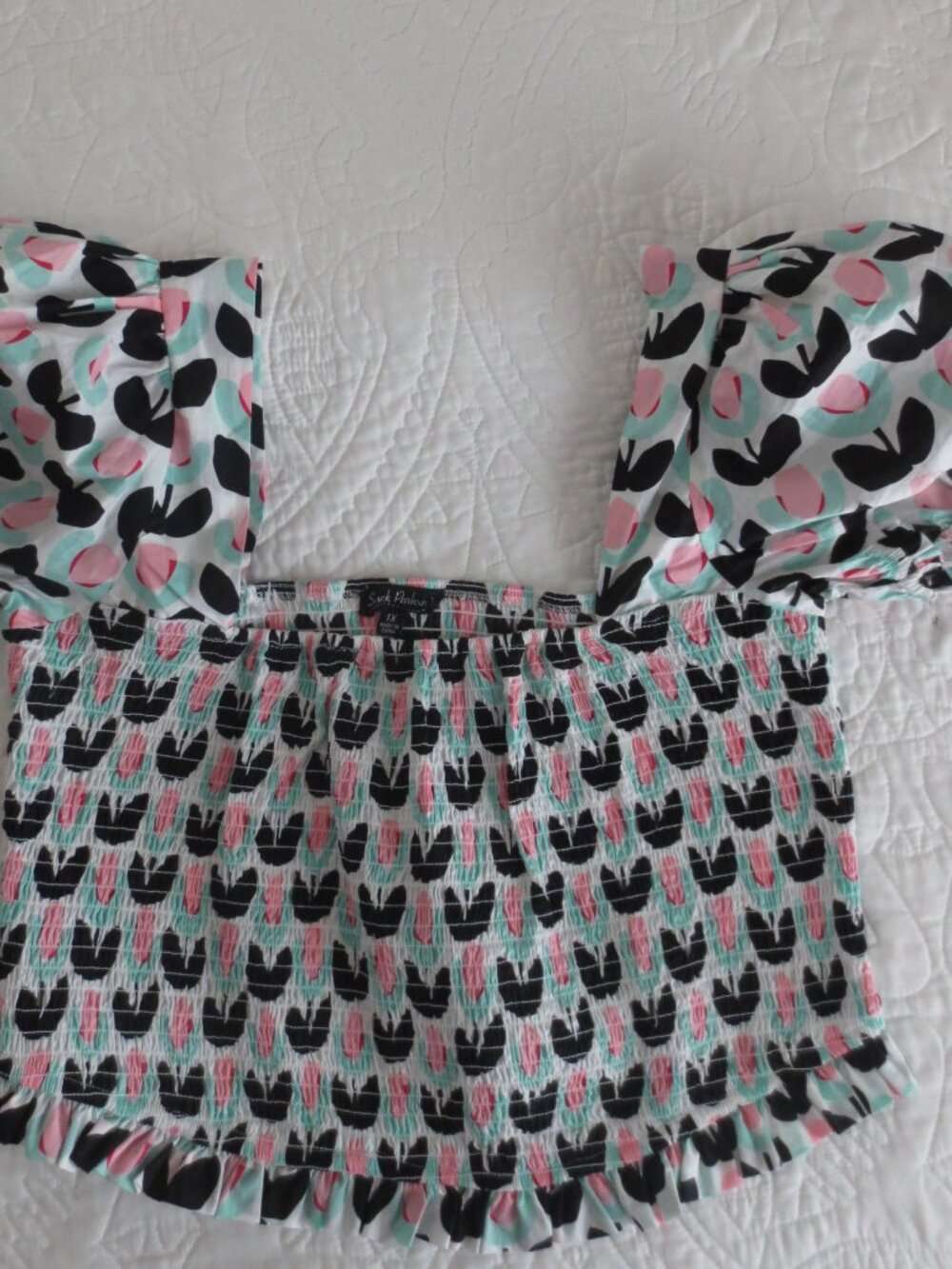 Smak Parlour Coquette Black & Pink Tulip Print Cotton Crop Top - Picture 7 of 7
